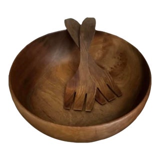 1960s Hand-Turned Danish Teak Salad Bowl With Sculpted Servers For Sale