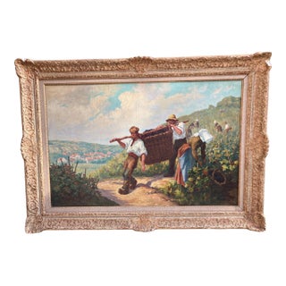 1930s Original French Oil Painting Grape Harvest in Burgandy signed by A David For Sale