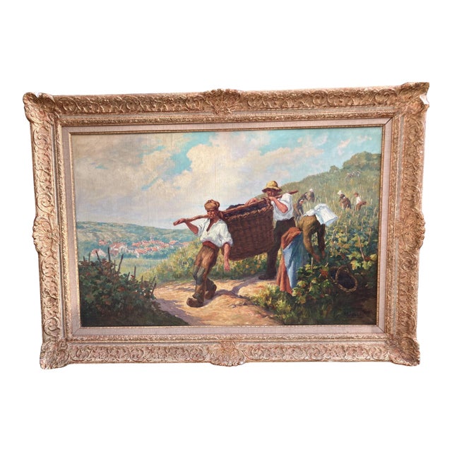 1930s Original French Oil Painting Grape Harvest in Burgandy signed by A David For Sale