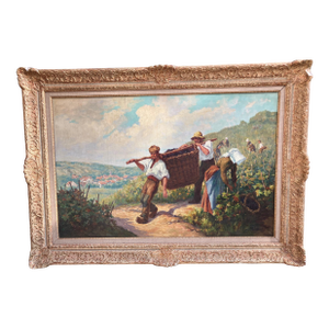 1930s Original French Oil Painting Grape Harvest in Burgandy signed by A David