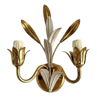 Italian Gilt and White Tôle 2-Light Wall Sconce attributed to Masca, 1970s For Sale