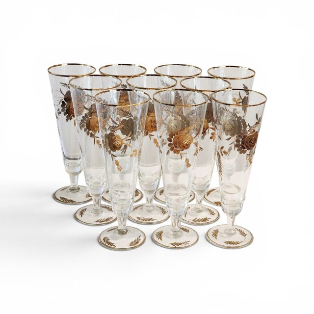 1960s Set of 10 24k Gold Encrusted Crystal Champagne Flute Pilsner Barware Set For Sale - Image 13 of 14