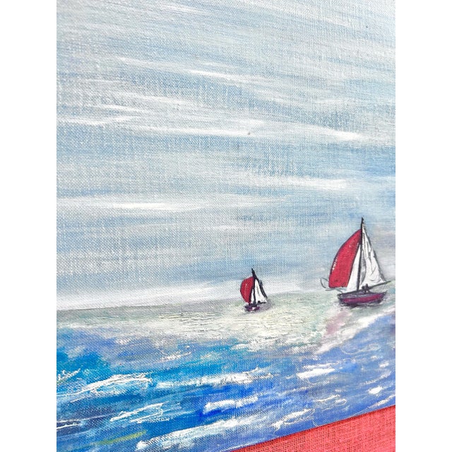 Nautical 1970s Nautical Folk Art Sailboat Seascape Painting – Framed Coastal Wall Art For Sale - Image 3 of 9