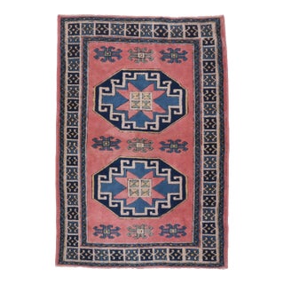 1970s Vintage Turkish Handmade Wool Cotton Pink Area Rug For Sale