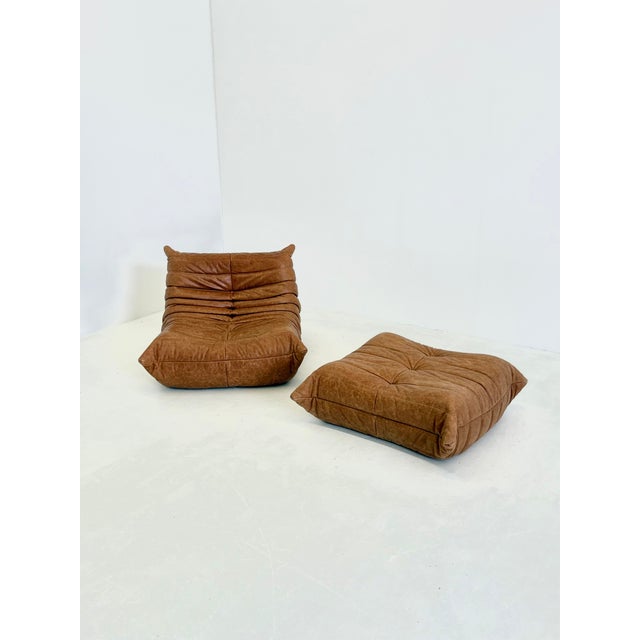 Togo Armchair with Ottoman in Cognac Leather by Michel Ducaroy for Ligne Roset, 2000s, Set of 2 For Sale - Image 14 of 14