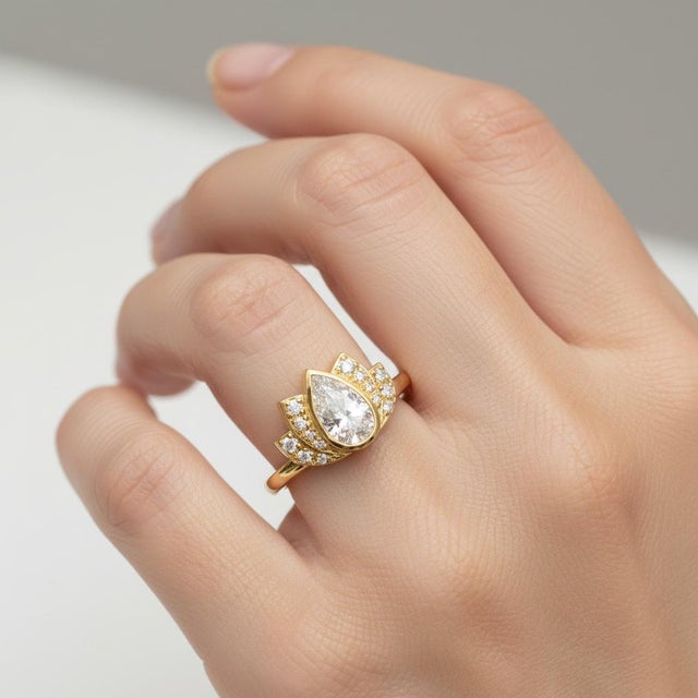 Lotus gold ring with moissanites silver, gold. Lotus flower ring. Floral ring. Pear moissanite ring. Weight: 3.5 g....