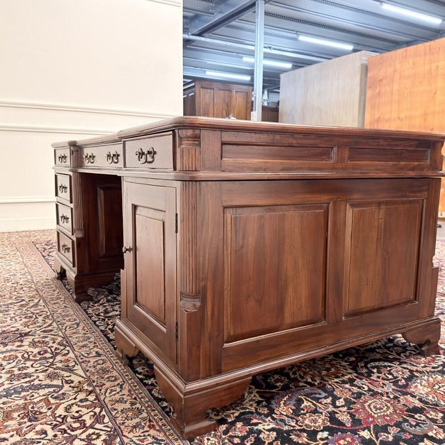 Brown English Partner Desk in Green Leather For Sale - Image 8 of 18