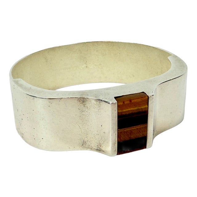 Mid-Century Modern Finnish Sterling Silver and Tiger Eye Bangle Bracelet by Raimo Keskinen for Lahti, 1970s For Sale