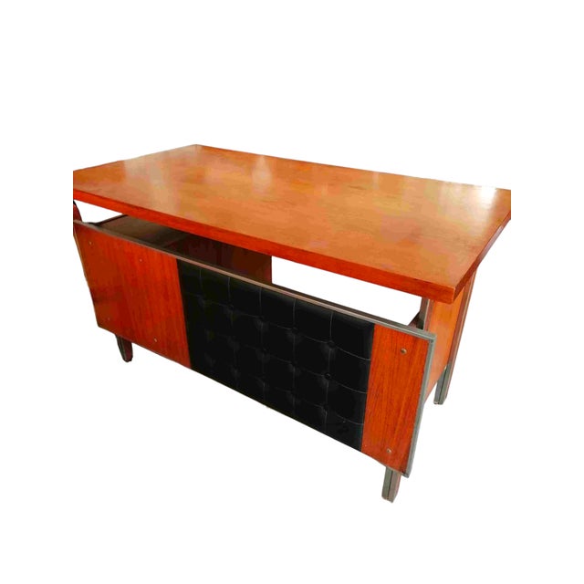 Mid-Century Modern Desk in Veneered Wood, Metal with Leather Finish, 1950s For Sale - Image 3 of 4