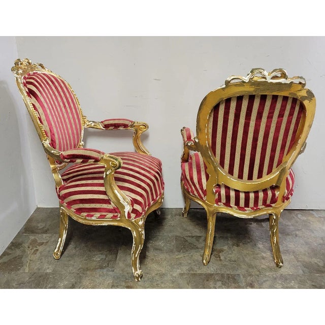 Antique French Striped Baroque Carved Giltwood Chairs and Sofa Set - Project For Sale - Image 4 of 12