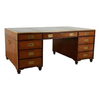Vintage Large Scale Leather Top Campaign Style Partners Desk by Baker For Sale