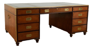Vintage Large Scale Leather Top Campaign Style Partners Desk by Baker