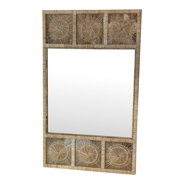 Vintage Palm Beach Spun Woven Wicker Rattan Sunburst Starburst Wall Mirror Large For Sale