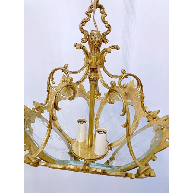 Metal 1930s Vintage Bronze Lantern With Etched Glass Panels For Sale - Image 7 of 8
