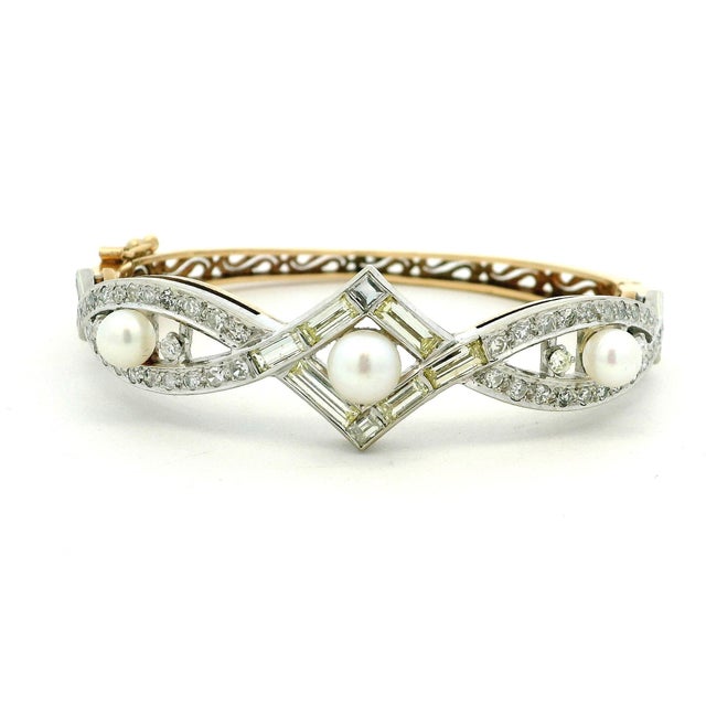 Vintage French Diamond and Pearl Bracelet, 14k Gold & Platinum, Circa 1950s For Sale - Image 12 of 15