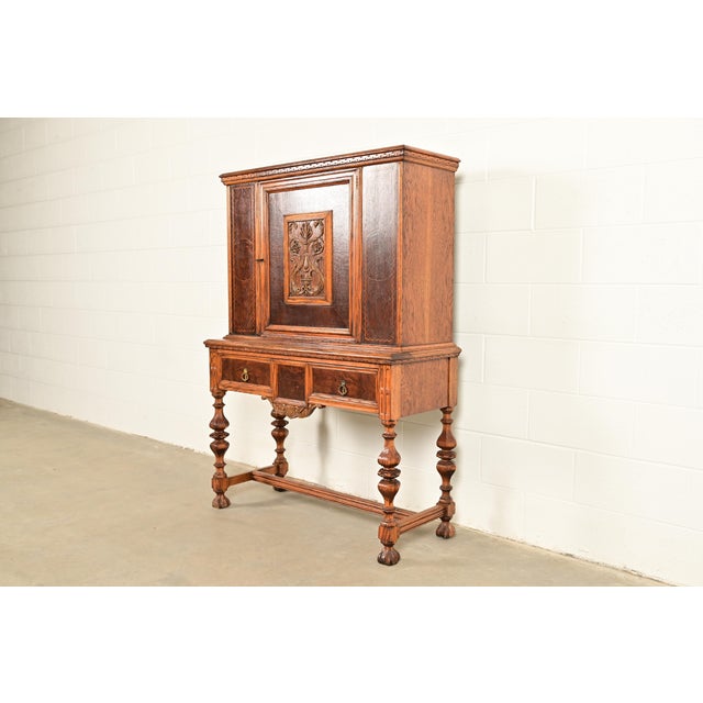 English Early Romweber Antique English Jacobean Carved Oak and Burl Wood Bar Cabinet, Circa 1900 For Sale - Image 3 of 16
