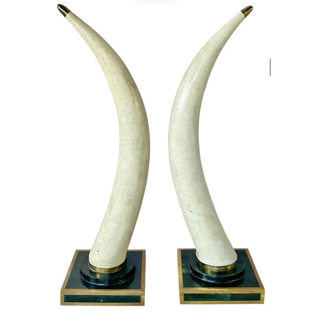 Hollywood Regency Pair of Tessellated Marble Faux Tusks on Brass and Faux Marble Bases For Sale - Image 3 of 12