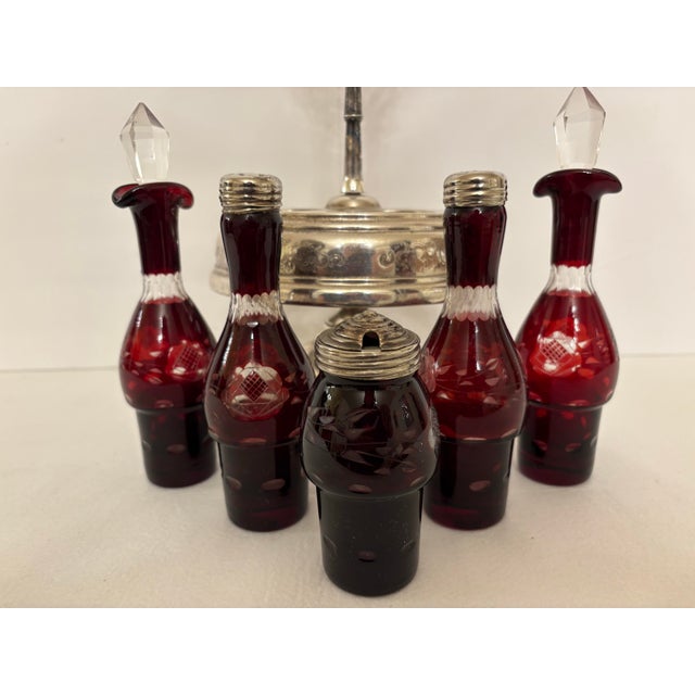 Mid 19th Century Late 19th Century Victorian Ruby Red Glass Cruet Caster Set With Silver-Plated Rotating Stand - 6 pcs For Sale - Image 5 of 6