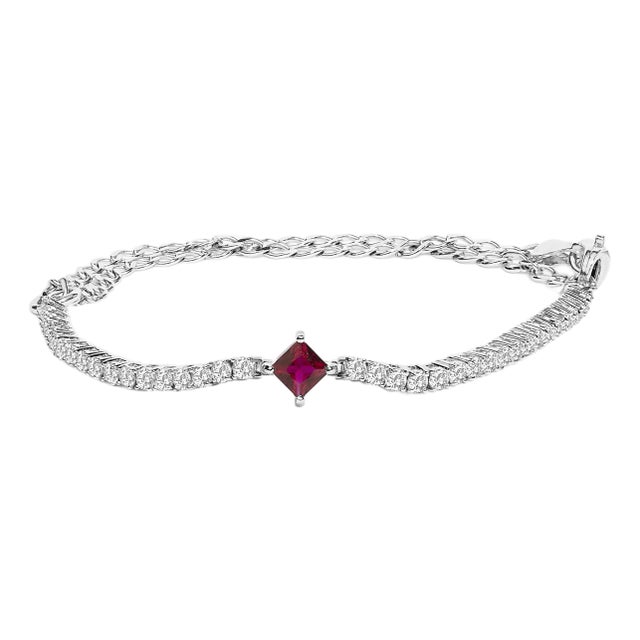 .925 Sterling Silver Created Ruby and Sapphire Adjustable Tennis Chain Bracelet For Sale