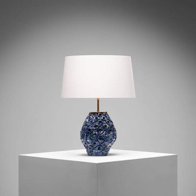 Perforated Blue and White Glazed Stoneware Table Lamp, Denmark, 1960s For Sale - Image 9 of 9