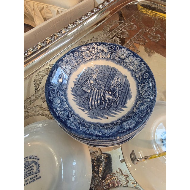 Traditional 1940s Staffordshire Blue and White Small Bowls Liberty Blue Betsy Ross Pattern - Set of 10 For Sale - Image 3 of 5