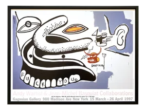Andy Warhol & Jean Michel Basquiat Vintage 1997 Lithograph Print Framed Pop Art Exhibition Poster " F**k You Dentures " 1984