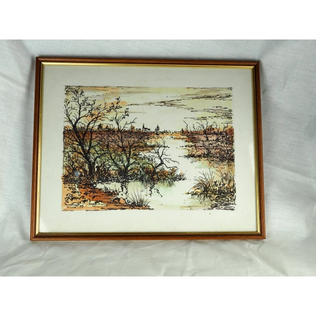 1970s French Watercolor Painting of View of Marsh, Church in the Distance, Framed For Sale - Image 11 of 11