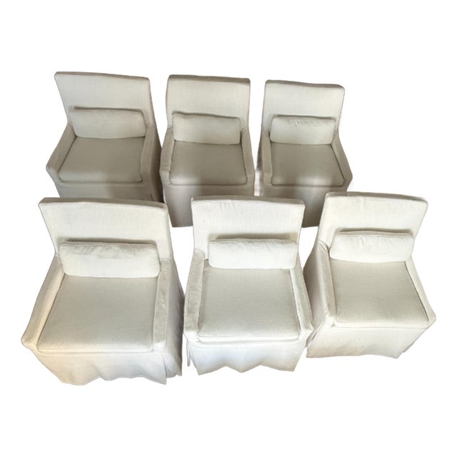 Rh Belgian Track Arm Slipcovered Dining Chairs in White Perennials Performance Linen - Set of 6 For Sale