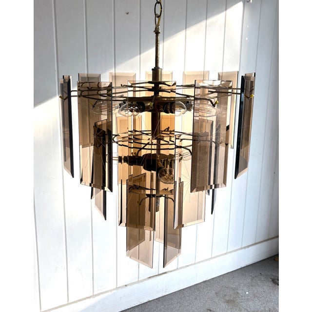 Mid-Century Modern 1970s Smoky Glass Pane & Brass Chandelier For Sale - Image 3 of 5