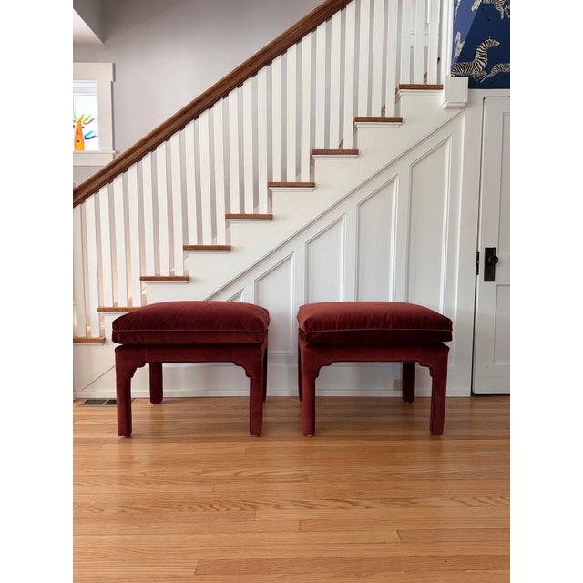 1970s Sculptural Arched Leg Rectangular Red Velvet Ottomans - A Pair For Sale - Image 4 of 12