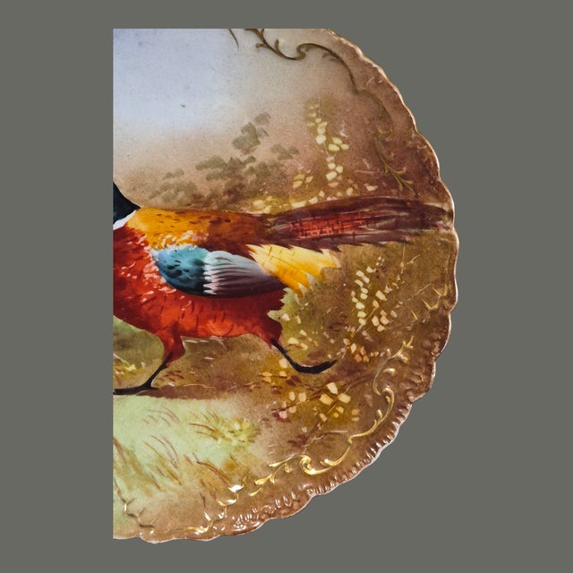 Victorian Antique Limoges French Hand Painted Gilded Pheasant Scalloped Edge Wall Plate For Sale - Image 3 of 10