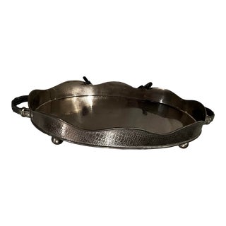 Vintage Large Scalloped Alligator Embossed Metal Tray With Wire Roped Handles and Ball Feet For Sale