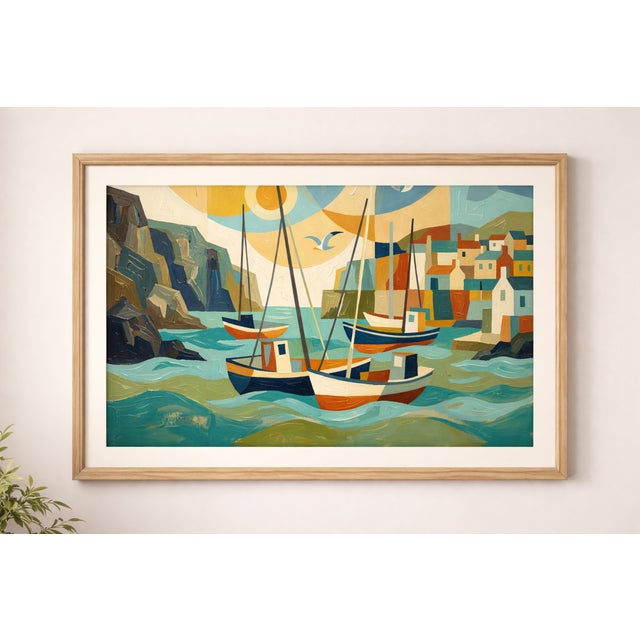 Coastal-inspired artwork featuring a vibrant harbor scene with stylized boats, textured brushwork, and layered geometric...