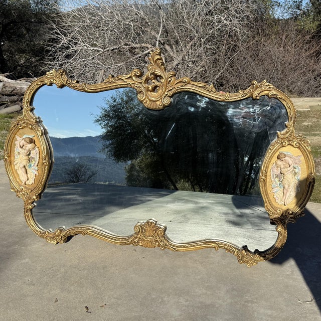 Wood Vintage French Rococo Louis XV Gold Wall Mantle Mirror ~ Bisque Figural Lovers For Sale - Image 7 of 15