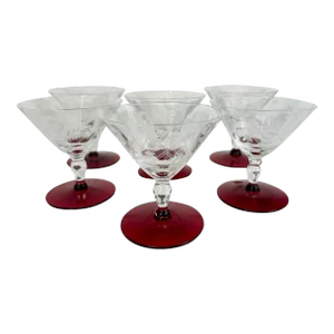 Vintage Etched Cocktail Glasses With Ruby Bases - Set of 6