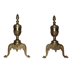 Antique Pair English Bellows Brass Fireplace Andirons Fire Dogs Log Holders
