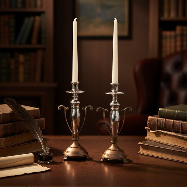 Late 20th Century Vintage Two Tone Candlesticks-Silver Plate-Copper-Brass-Pair-Metal-Taper Holders For Sale - Image 5 of 11