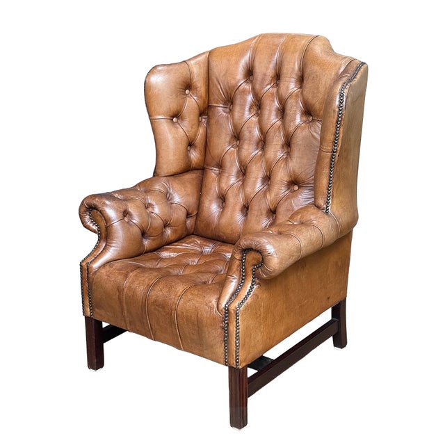Large English Wing Back Chair of Tufted Tanned Leather With Nail-Head Trim For Sale - Image 15 of 16