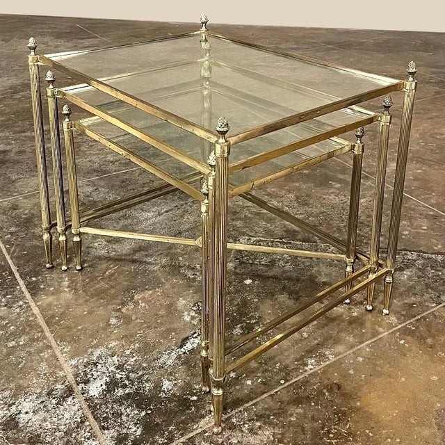Mid-Century Modern Brass & Glass Nesting Table Set For Sale - Image 10 of 12