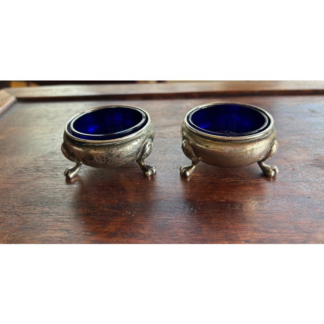 Antique Sterling Silver Figural Bird Salt and Pepper Shakers With Cobalt Glass Salt Cellers - Phillp H. Stevens - 4pcs For Sale - Image 10 of 14