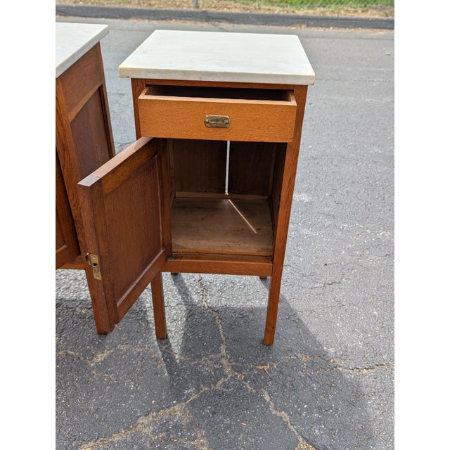 Antique French Oak White Marble Top Bedside Cabinets - A Pair For Sale - Image 10 of 12