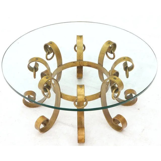 Round Decorative Gilt Wrought Iron Base Glass Top Sunburst Coffee Table For Sale - Image 9 of 13