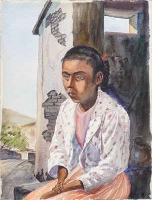 "Portrait of a Young Mexican Girl" Impressionist Watercolor on Paper by Joseph Yeager 1950s
