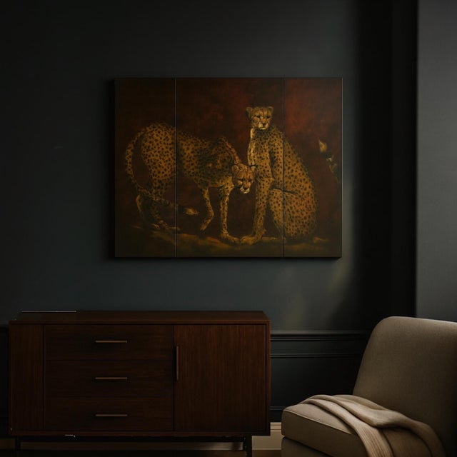 This is a signed triptych depicting two cheetahs. It is wood and does fold. It is signed. It is in very good condition and...