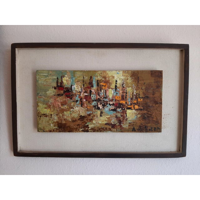 Blue Mid Century Abstract Cityscape Signed Painting For Sale - Image 8 of 11