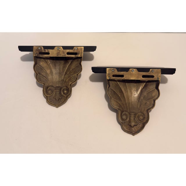 Brass 1970s Hollywood Regency Brass and Black Lacquer Shell Sconces - A Pair For Sale - Image 8 of 8