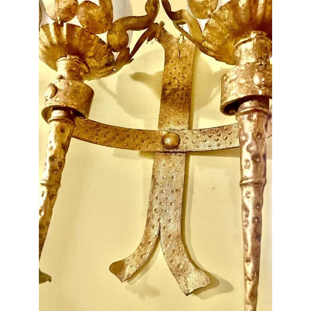 Spanish Wall Light in Gilt Iron with Milk Glass Globes, 1950, Set of 2 For Sale - Image 9 of 10