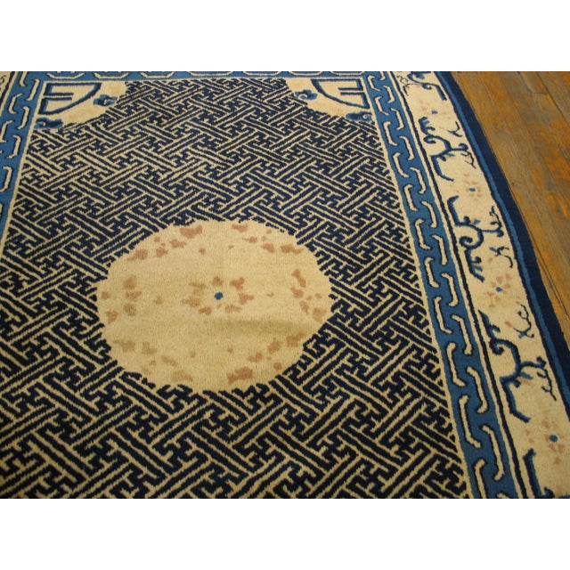 Chinese 1900s Blue Navy Geometric Medallion Antique Chinese Peking Rug 4'4" X 5'6" Handknotted Wool Carpet For Sale - Image 3 of 5