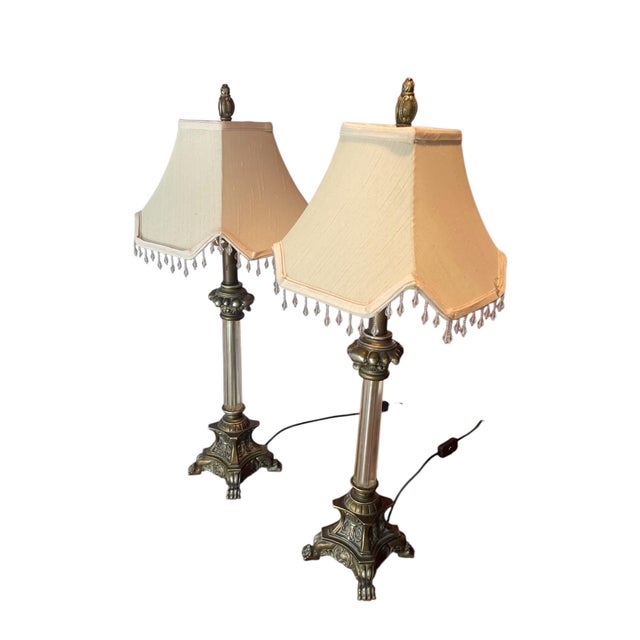 Regency Style Table Lamps with Neoclassical Bases, Paw Feet and Cream Fabric Shades with Beaded Fringe, 1980, Set of 2 For Sale - Image 8 of 10