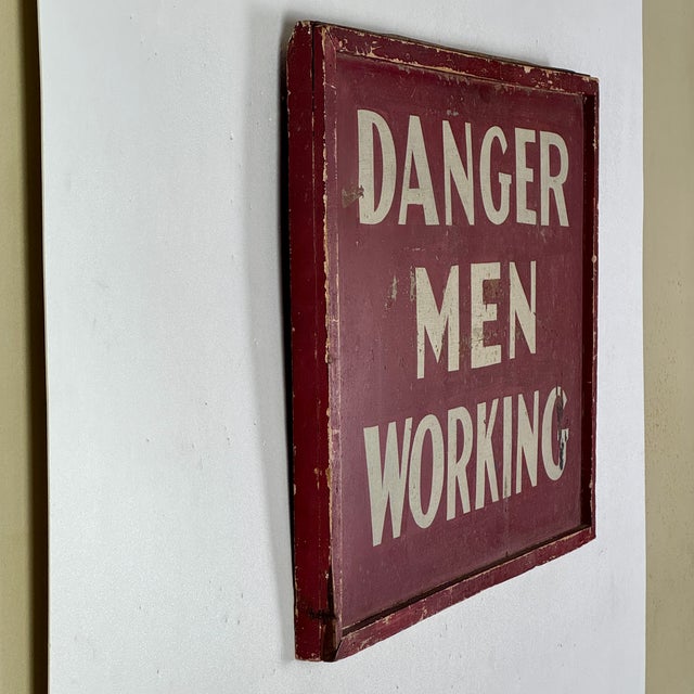 American Vintage "Danger Men Working" Metal Red Painted Sign With Wood Frame For Sale - Image 3 of 8